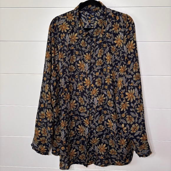 Tommy Hilfiger floral print semi-sheer blouse navy back ground size XXL - Picture 2 of 16